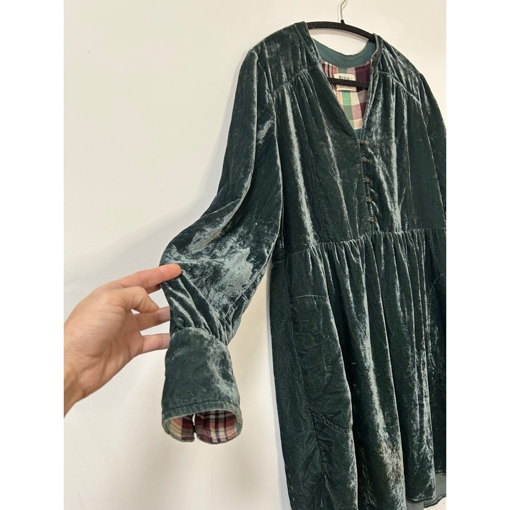 Holding Horses Nantes Velvet V Neck Button Front Babydoll Dress Teal Green M - Picture 2 of 11